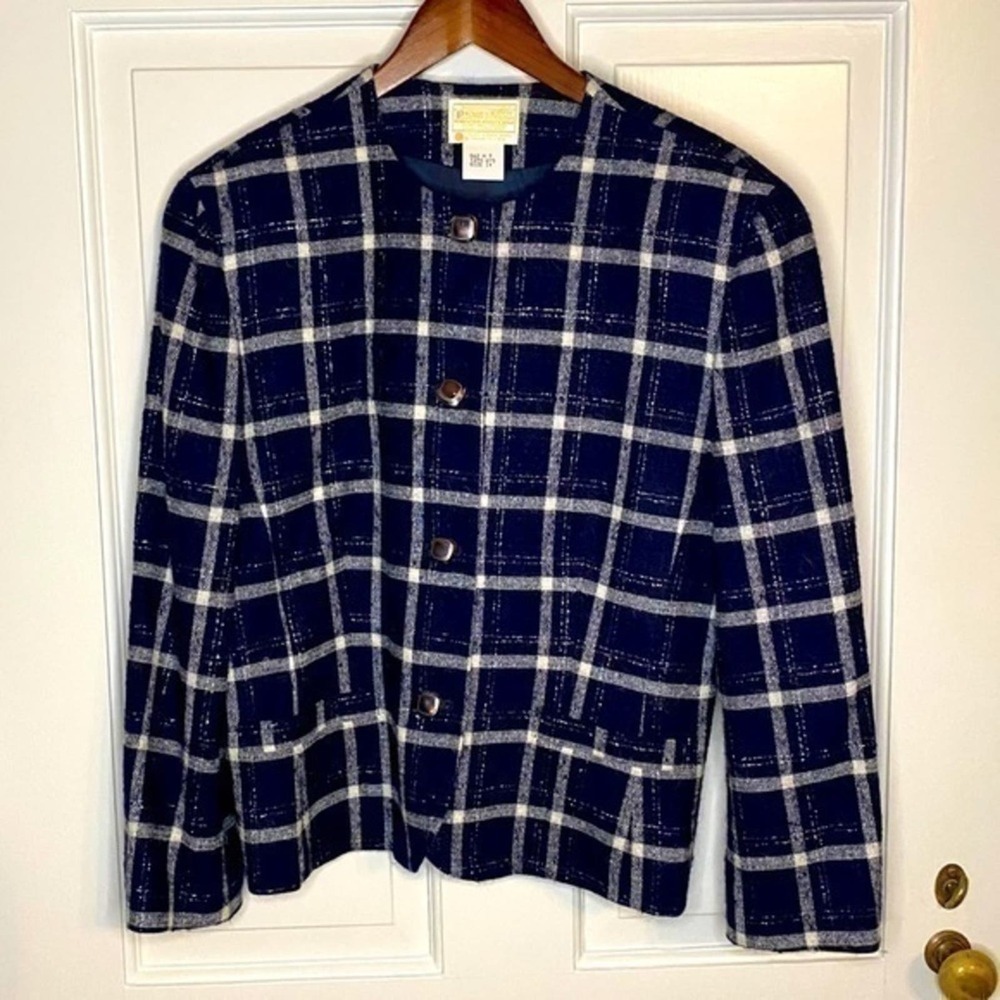 Classic Pendleton Navy & Silver Metallic Thread Plaid 100% Virgin Wool Blazer 14
